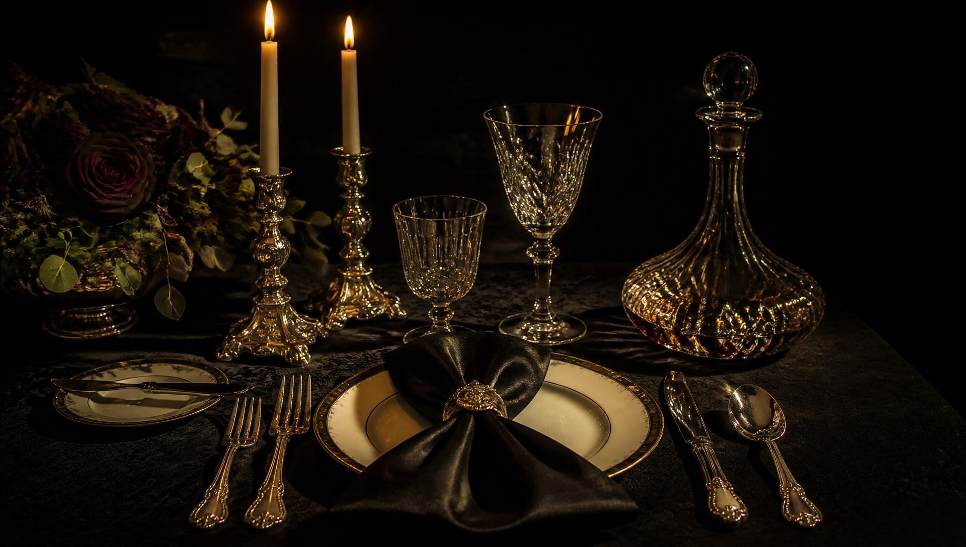 Mesa aristocrática con cubertería de plata, cristal tallado y servilleta negra a la luz de las velas
